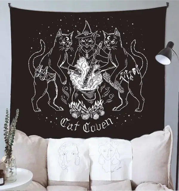 Decorbites cat witchcraft black tapestry featuring white line-art of three cats around a cauldron for bedroom wall hanging