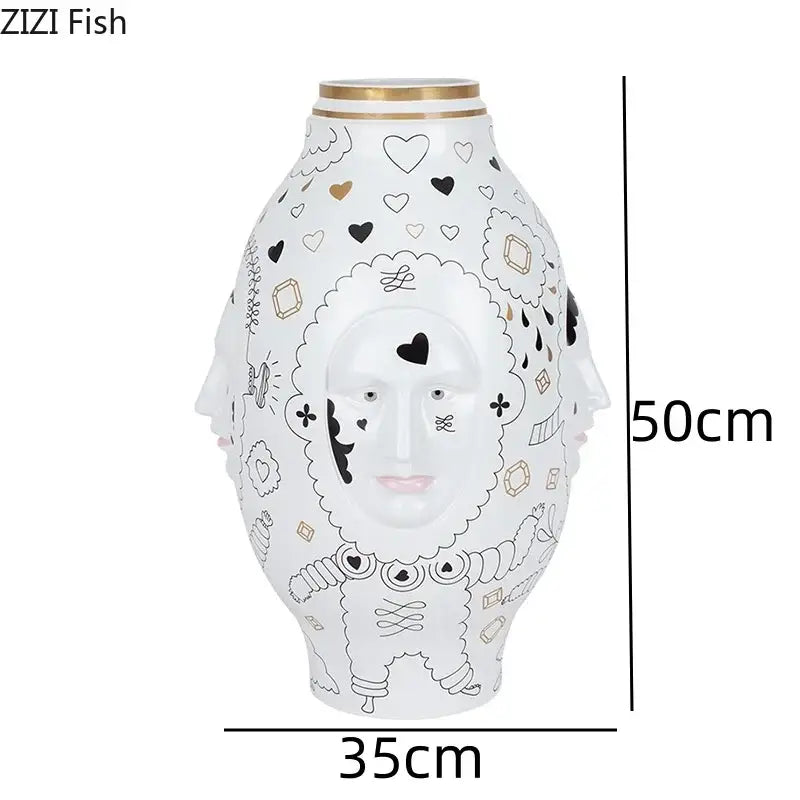 Decorbites ceramic vase desktop white with gold and black face design and whimsical patterns for floral arrangements