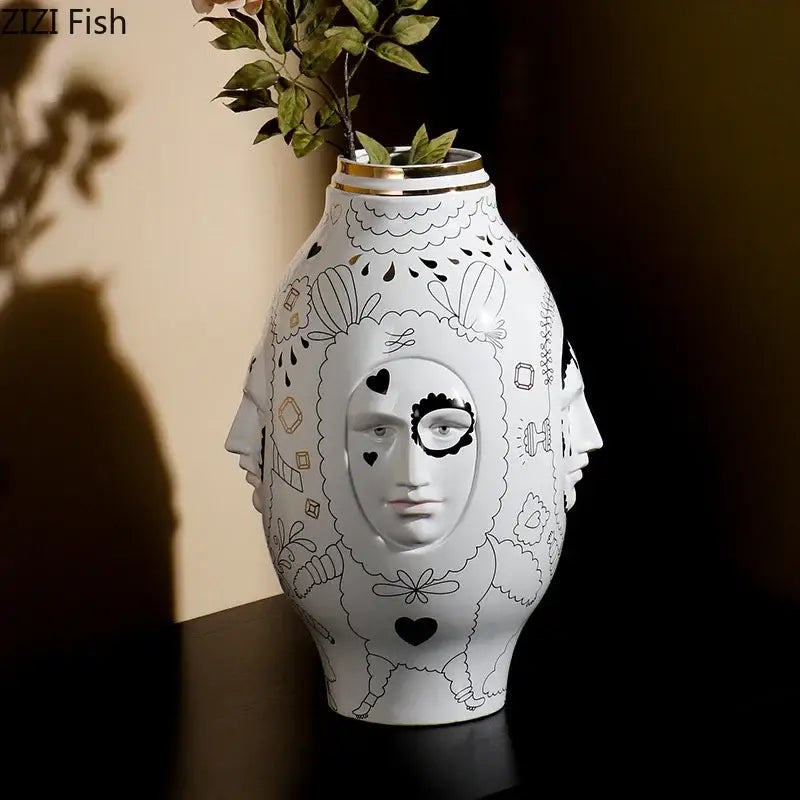 Decorbites™ ceramic vase desktop featuring white ceramic with gold rim and intricate black line art for floral arrangements