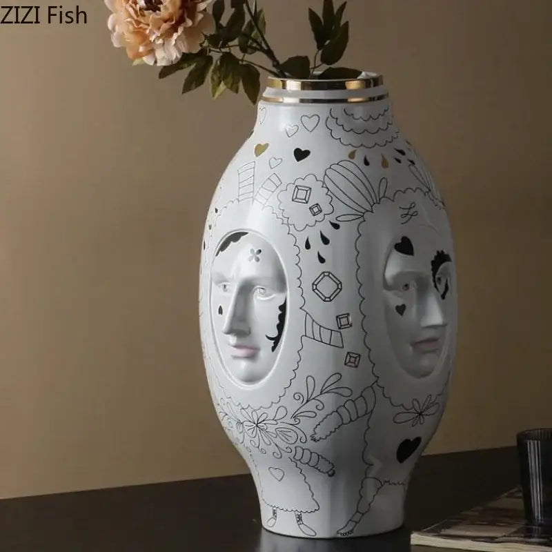 DecorBites™ ceramic vase desktop white with gold rim and black line art of faces hearts for floral arrangements