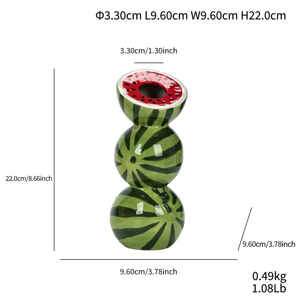 DecorBites™ ceramic fruit vase with green watermelon design, black stripes, red interior for home and office decor