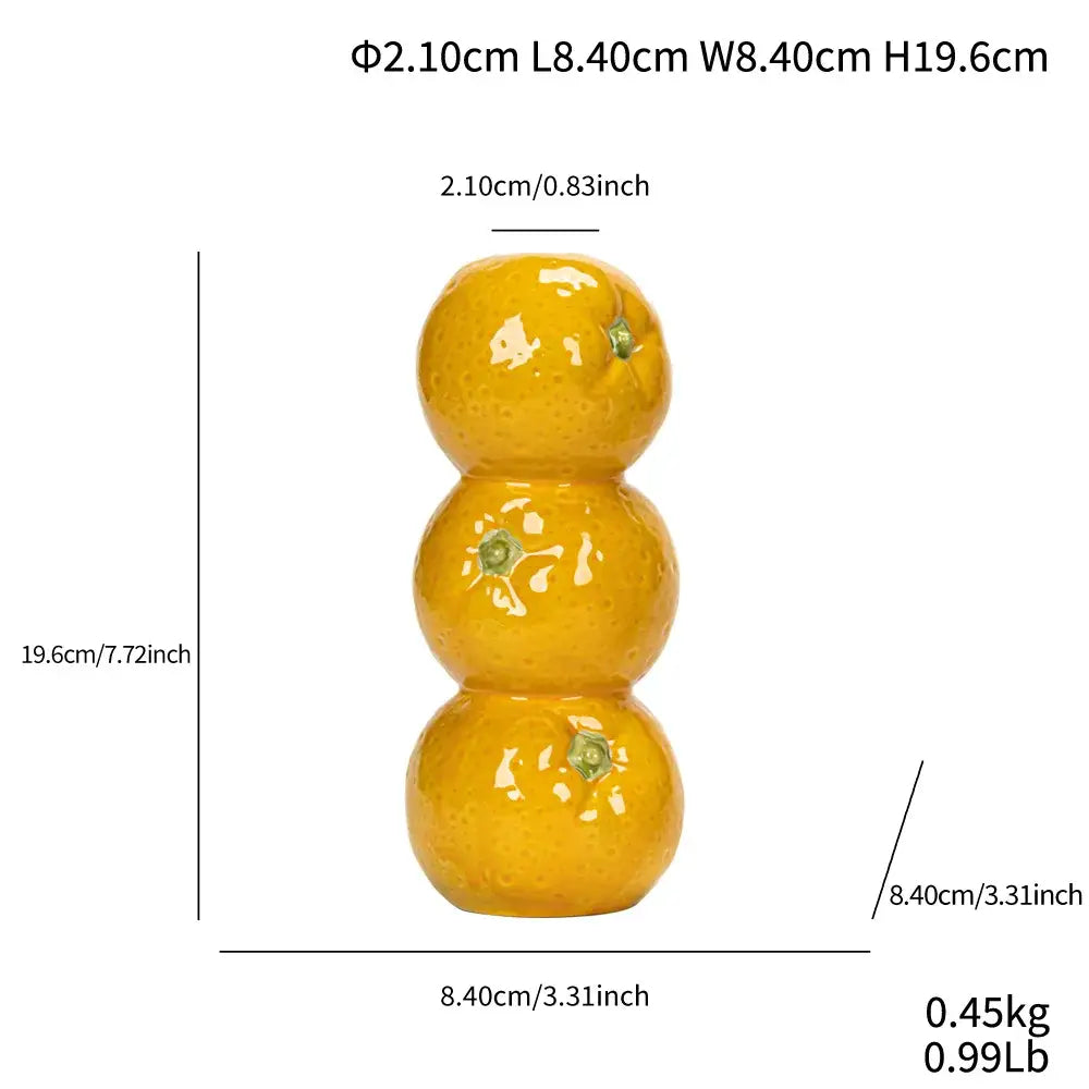 DecorBites ceramic fruit vase with three stacked glossy yellow ceramic oranges with green stems for home and office use