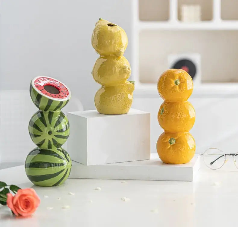 DecorBites ceramic fruit vase set with three stacked ceramic vases in vibrant green yellow and orange for home and office