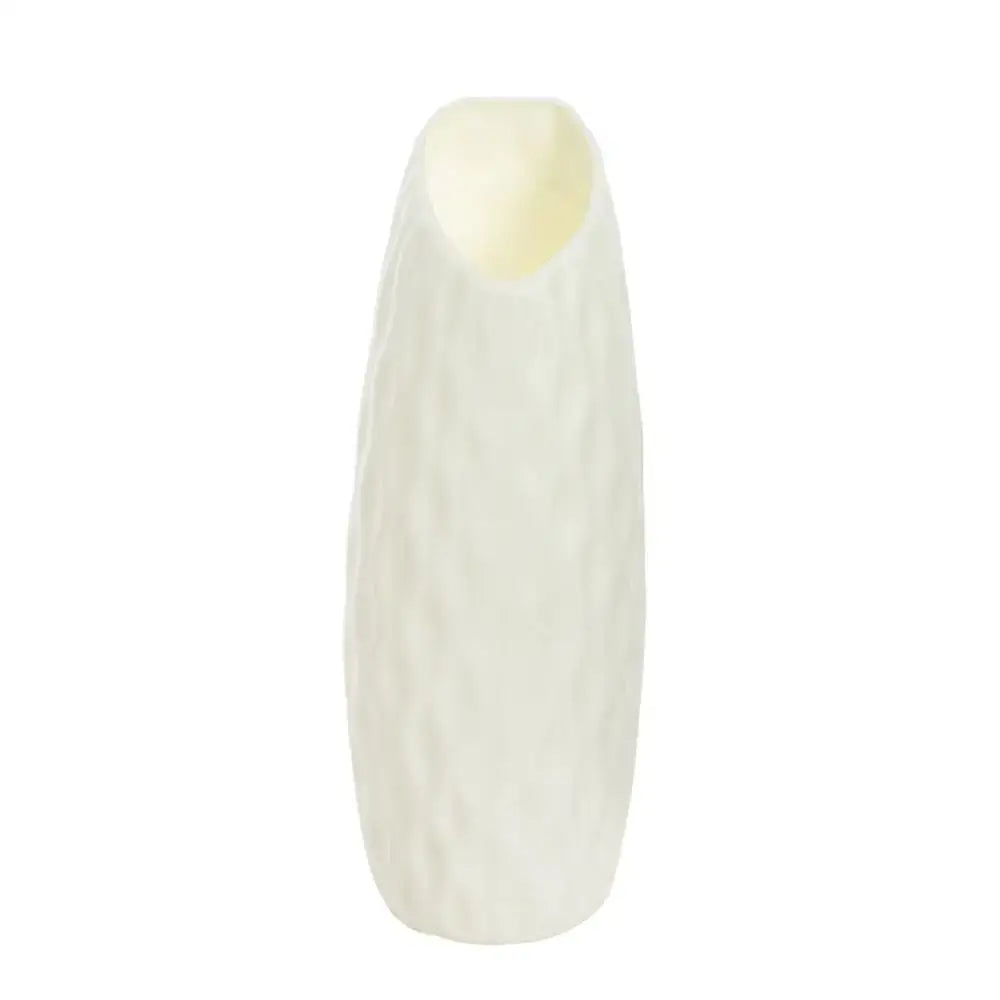Cream-colored textured ceramic-look plastic vase imitation with smooth tapered silhouette for home and garden decor