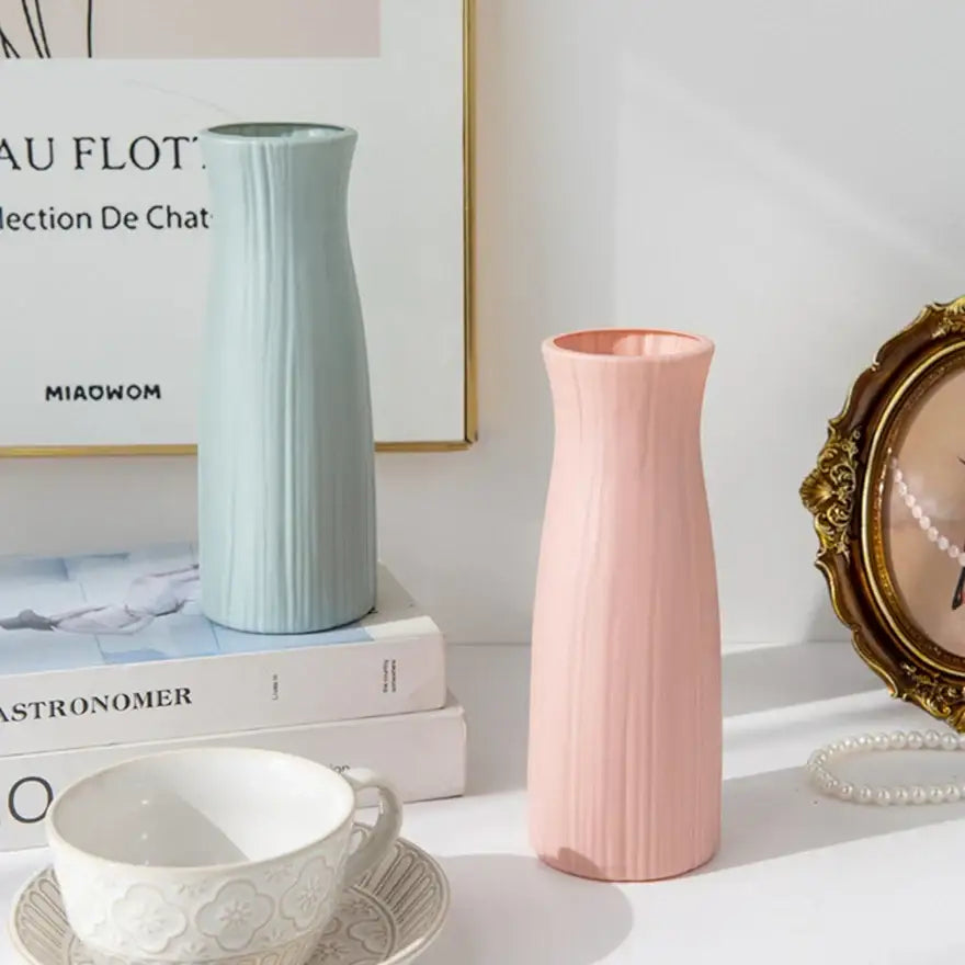 Pastel pink ribbed plastic vase imitation with ceramic look from decorbites for home and garden decor