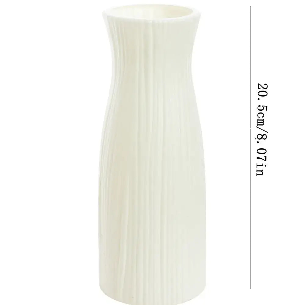 DecorBites ceramic-look plastic flower pot vase imitation in off-white with vertical ribbed texture and flared opening