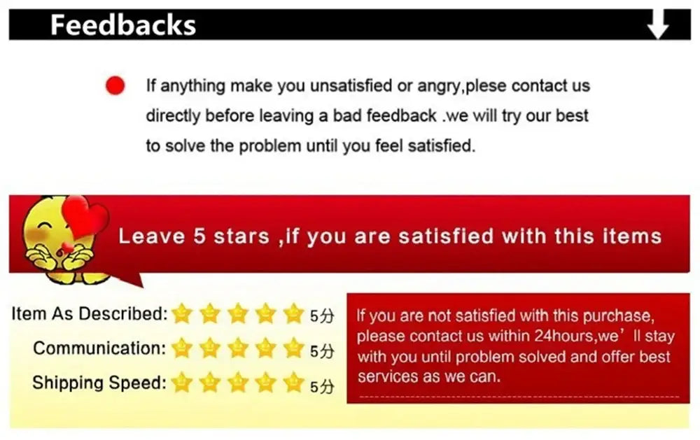 Red and yellow customer feedback graphic with cartoon holding heart for DecorBites ceramic-look plastic vase imitation pots