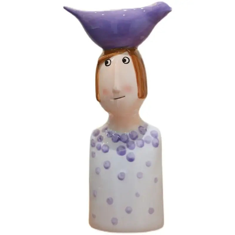 A whimsical ceramic vase set featuring a woman with brown hair in white dress with purple polka dots for home decor