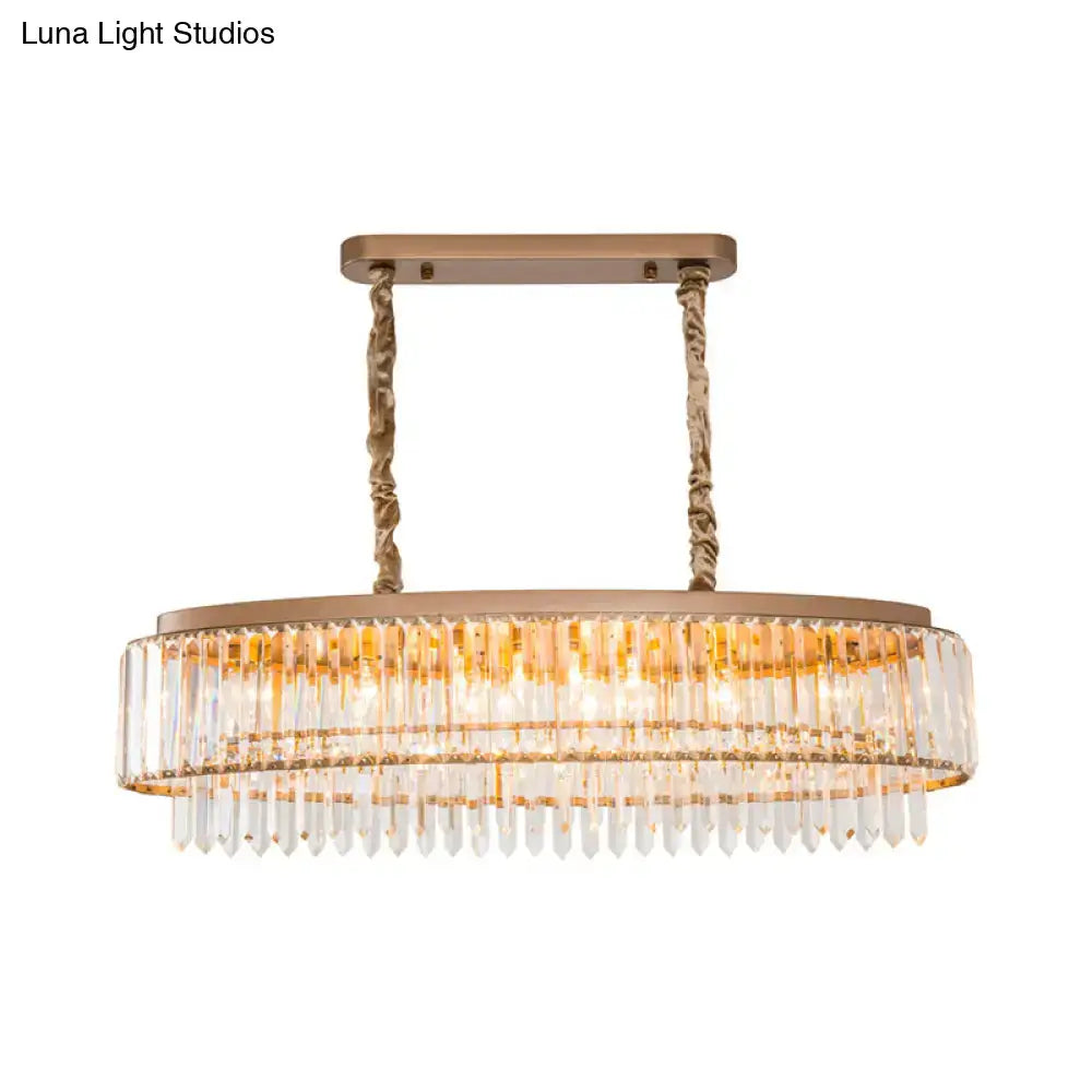 Decorbites™ champagne crystal prism island pendant with bronze metal frame and clear crystal prisms for dining rooms