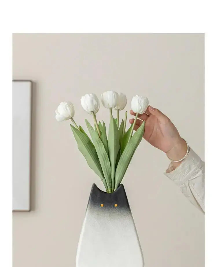 DecorBites™ sleek black-and-white gradient cat ceramic vase with gold eyes perfect for living room decor ceramic vase