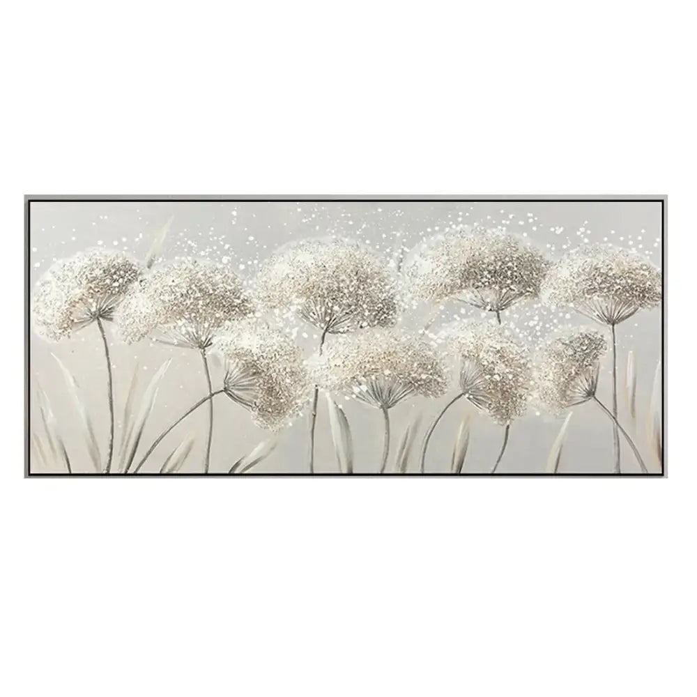 Decorbites™ cherry blossom canvas art featuring silver and white dandelion seed heads for modern living room decor