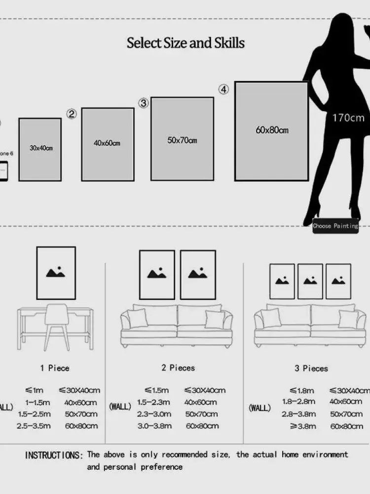 A minimalist black and white line art of a woman with four framed cherry blossom canvas options for living room decor