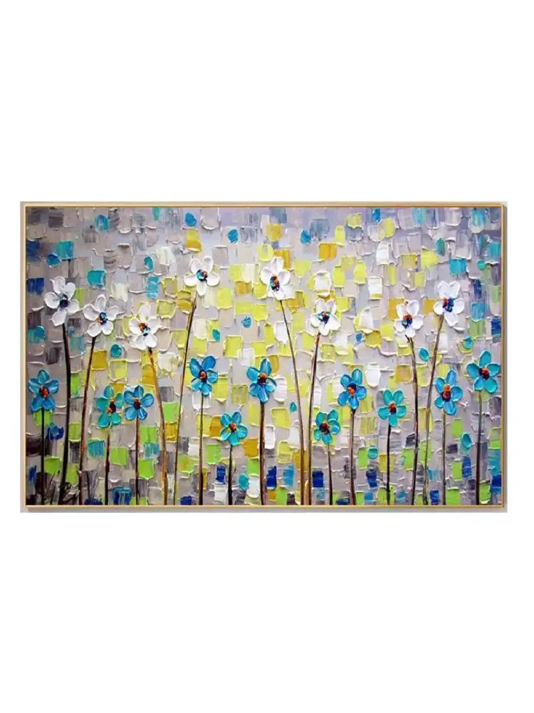 Rectangular cherry blossom canvas art by decorbites featuring abstract white and blue flowers for modern living room decor