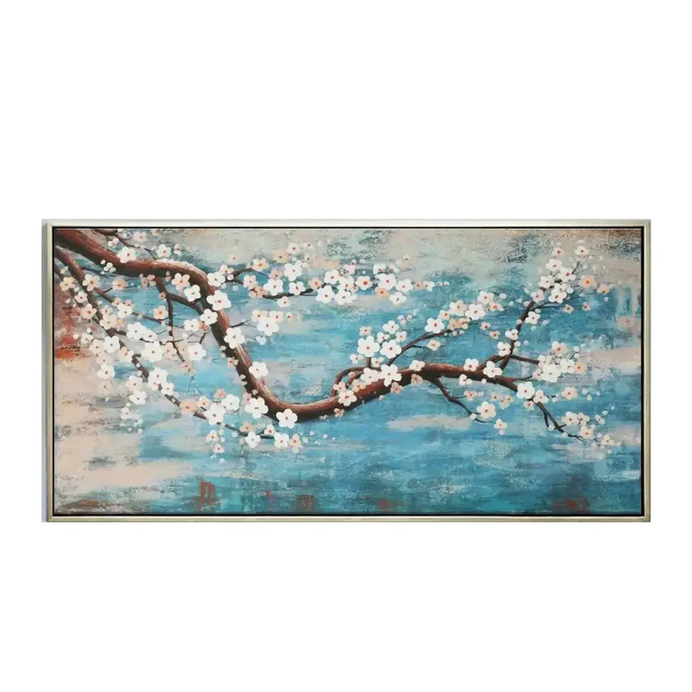 A rectangular cherry blossom canvas art with white blossoms on blue background for modern living room decor by DecorBites™