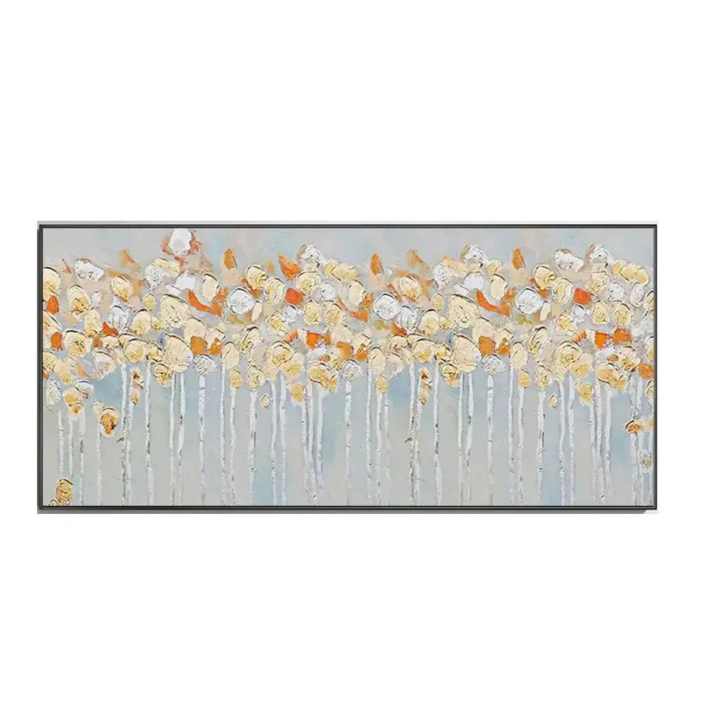 Modern abstract cherry blossom canvas art with cream gold and orange hues on soft gray for living room decor