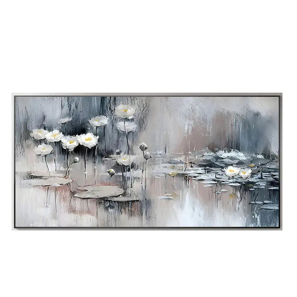 Decorbites cherry blossom canvas art with white lotus flowers on gray textured background for modern living room decor