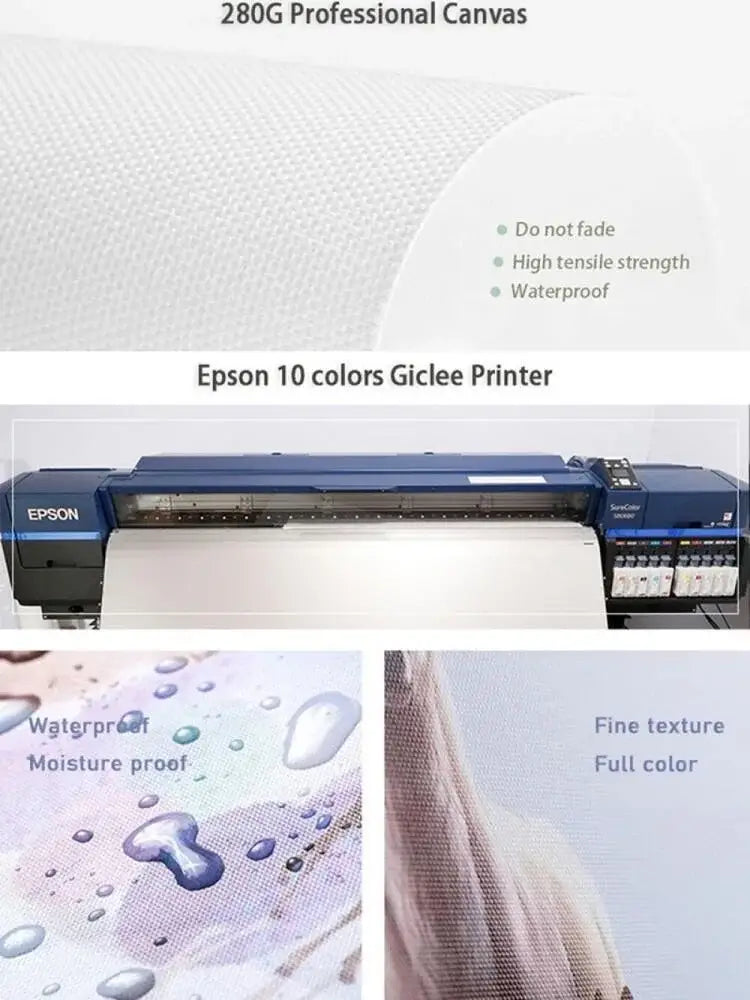 Blue and black epson 10-color giclee printer with multiple ink cartridges used for cherry blossom canvas art in living room decor