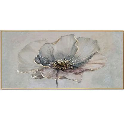 Decorbites cherry blossom canvas art featuring a gray poppy with gold leaf accents in a light wood frame for living room