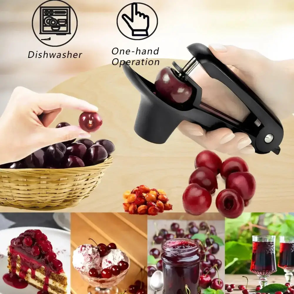 Black plastic decorbites cherry fruit pitter remover tool designed for one-hand operation and dishwasher safe