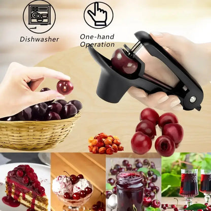 Black plastic decorbites cherry fruit pitter remover tool designed for one-hand operation and dishwasher safe
