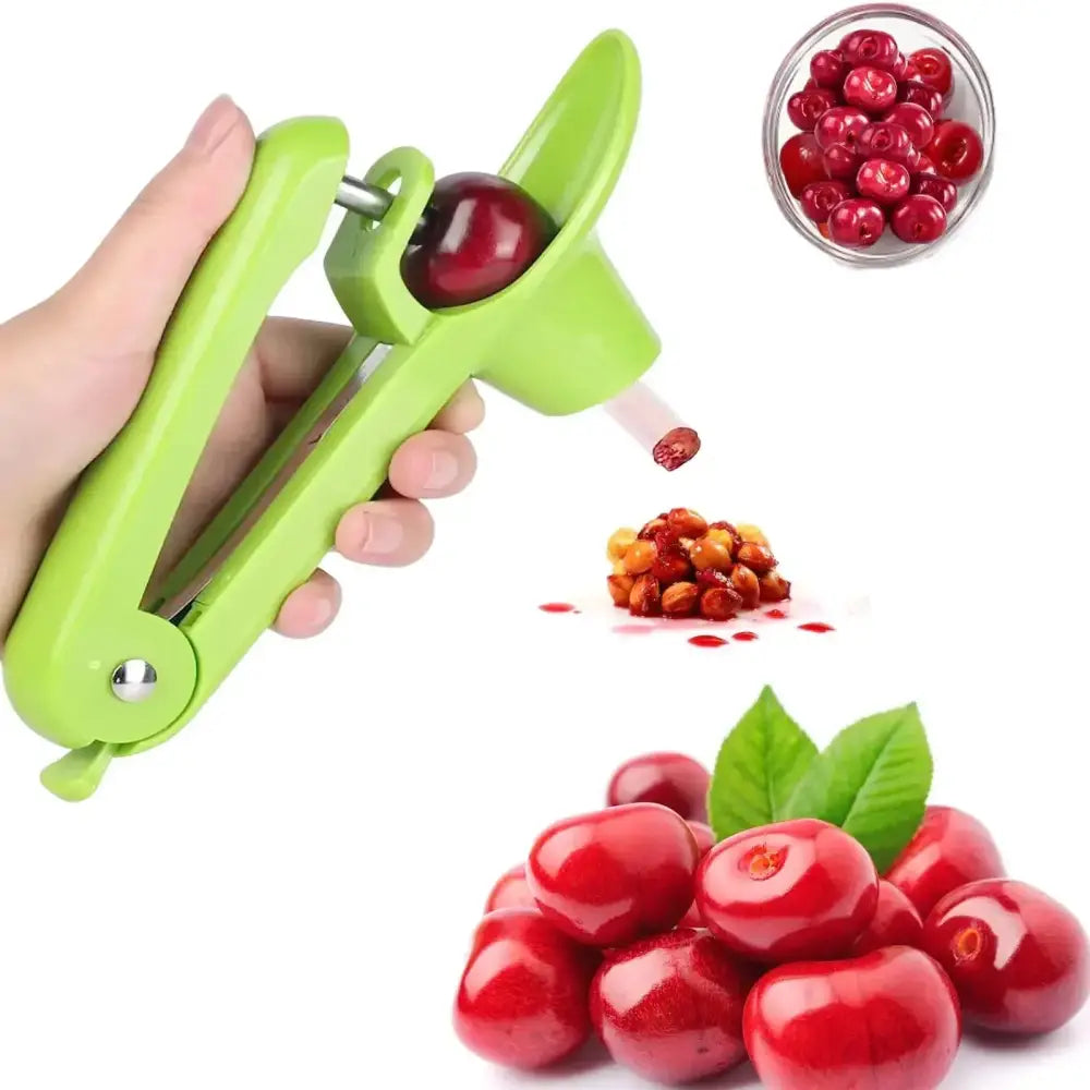 Bright green plastic and metal stem decorbites cherry fruit pitter designed for easy pit removal from cherries