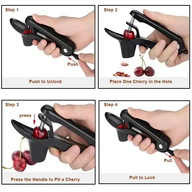 Black plastic decorbites cherry fruit pitter with lever mechanism and fruit hole for easy core removal tool