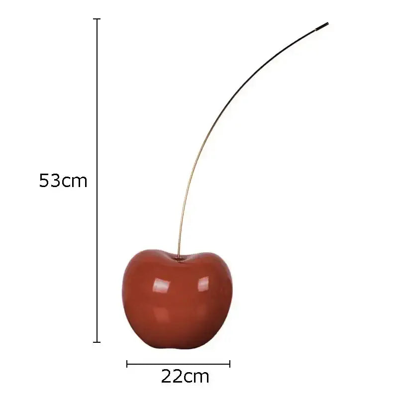 Glossy deep red cherry fruit sculpture with slender black stem resin decor for modern home or desk decoration