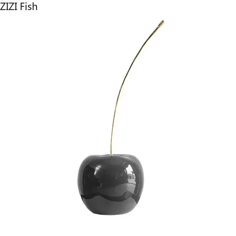DecorBites cherry fruit sculpture resin desk ornament glossy black ceramic cherry fruit with slender gold stem