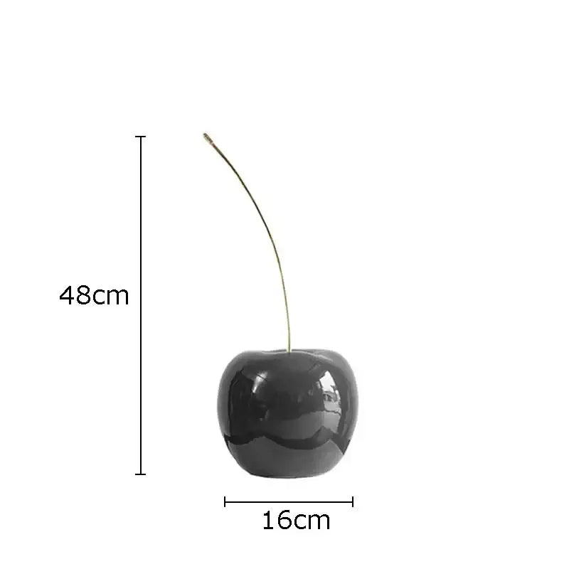 DecorBites™ glossy black ceramic cherry fruit sculpture with slender gold stem 48cm tall modern fruit sculpture desk ornament