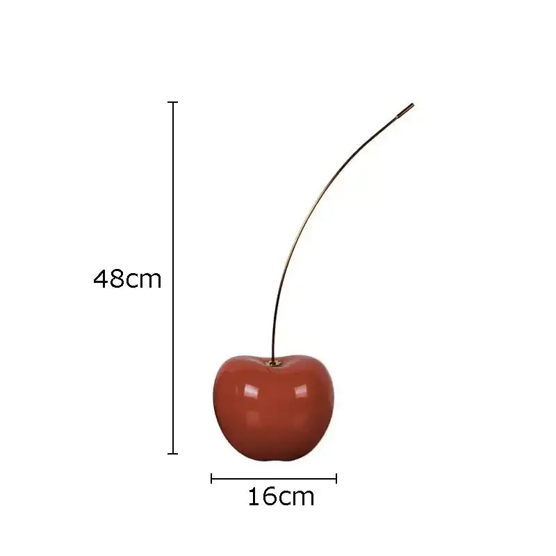 Glossy red resin cherry fruit sculpture with slender curved stem by DecorBites™ for modern home decoration