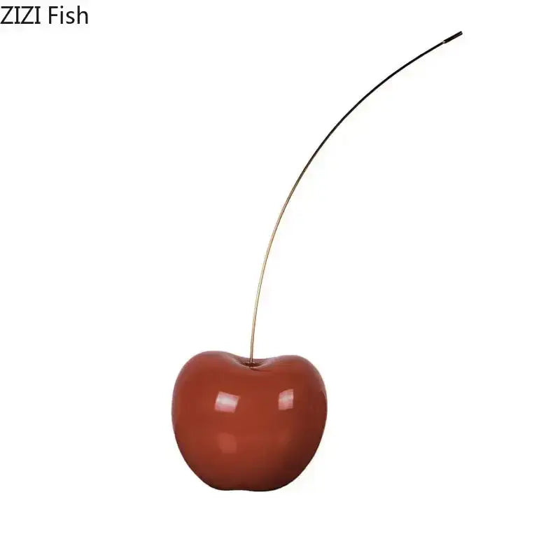 DecorBites™ cherry fruit sculpture resin desk ornament in glossy deep red with a slender black stem for modern decor