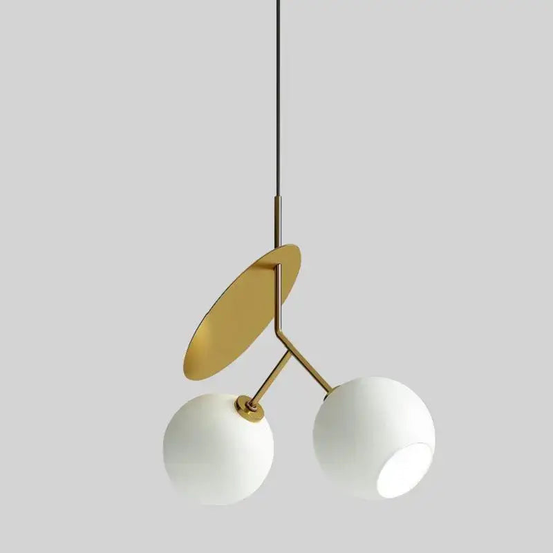 Modern decorbites cherry glass pendant lights with two white spherical glass shades and gold-toned metal frame