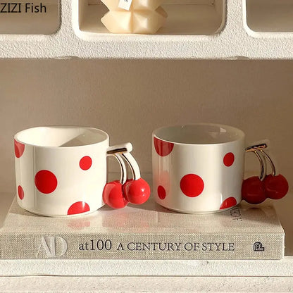 White ceramic coffee mugs with bold red polka dots and decorbites cherry handle gold plated porcelain design