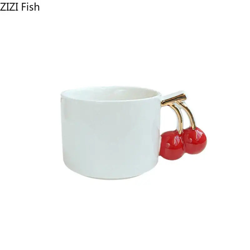 DecorBites™ white ceramic tea and coffee cup with a red cherry handle mug designed for dining table use