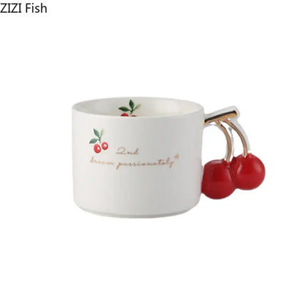 White ceramic porcelain coffee mug with cherry pattern porcelain design and red cherry handle for tea and juice use