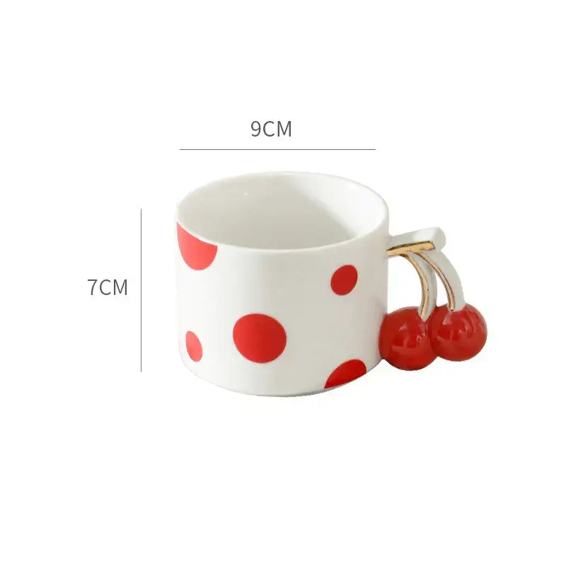 White ceramic decorbites cherry porcelain mug with red polka dots and cherry-shaped handle gold plated cup