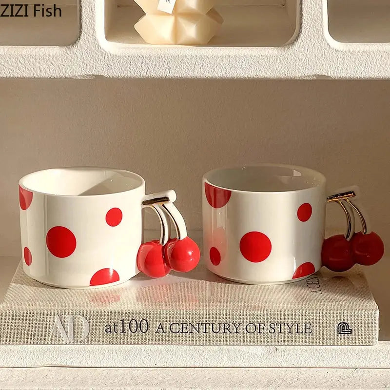 White ceramic decorbites cherry porcelain mugs with bold red polka dots and cherry-shaped handles for tableware use