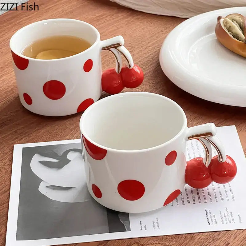 White ceramic decorbites cherry porcelain mug with red polka dots and cherry handle for coffee and tea use