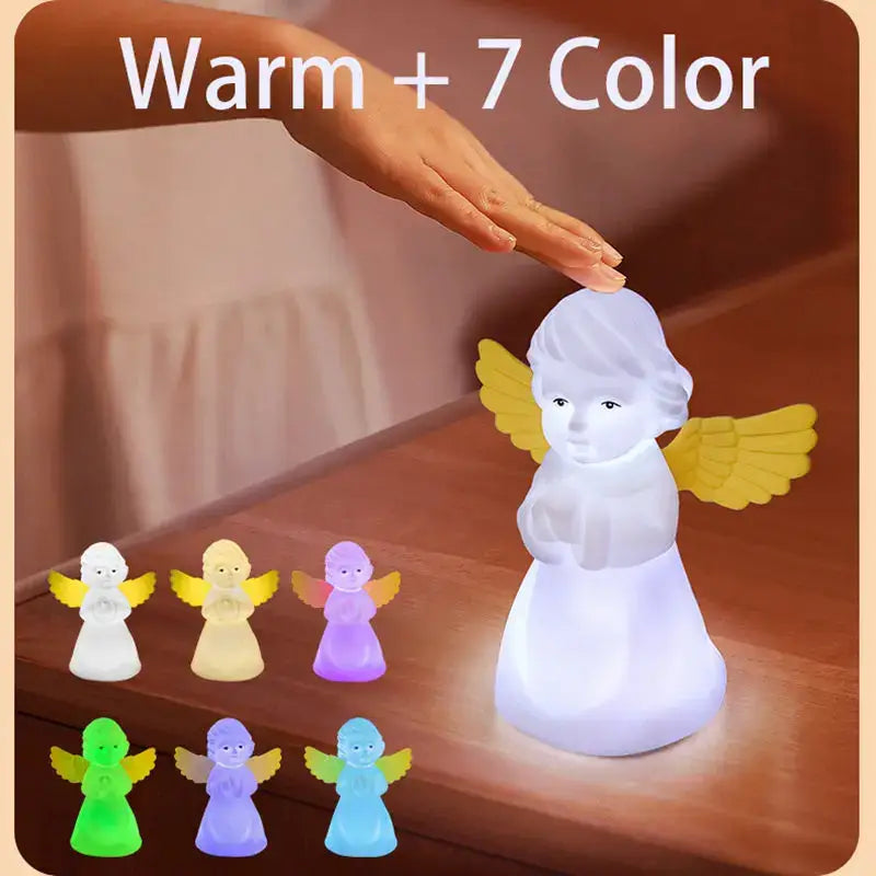 Decorbites cherub rgb night light with glowing white angel figurine and yellow wings usb rechargeable bedside lamp