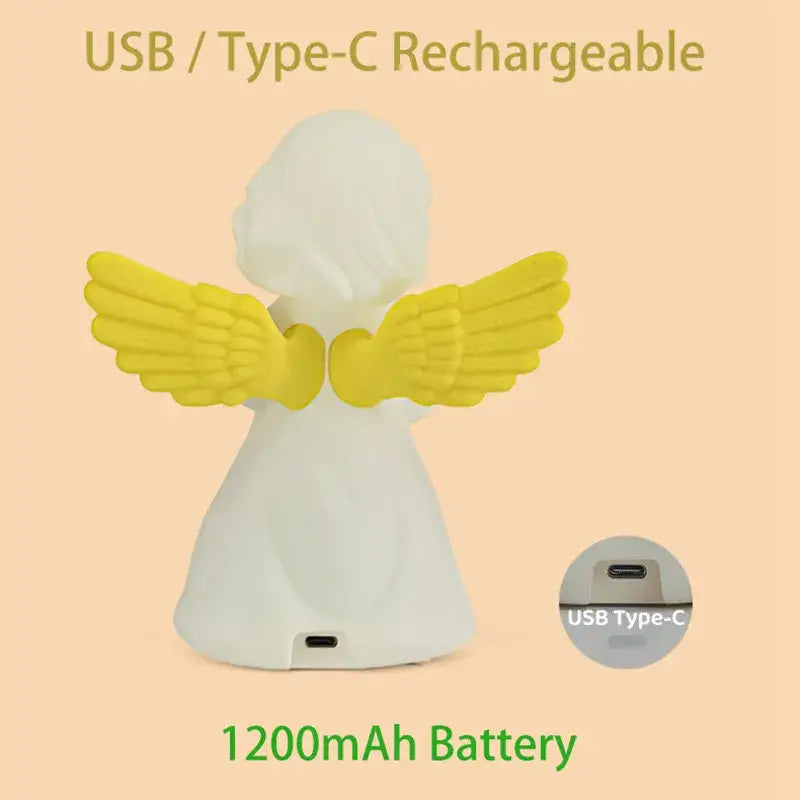 DecorBites™ cherub rgb night light usb rechargeable white angel speaker with yellow wings and 1200mAh battery