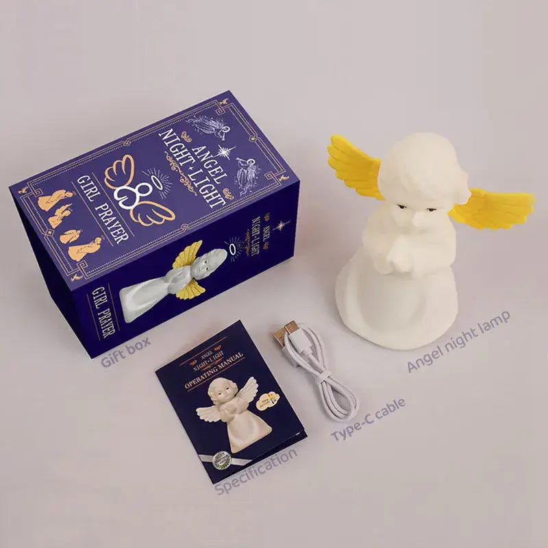 DecorBites cherub RGB night light white angel design with yellow wings LED praying pose USB rechargeable lamp