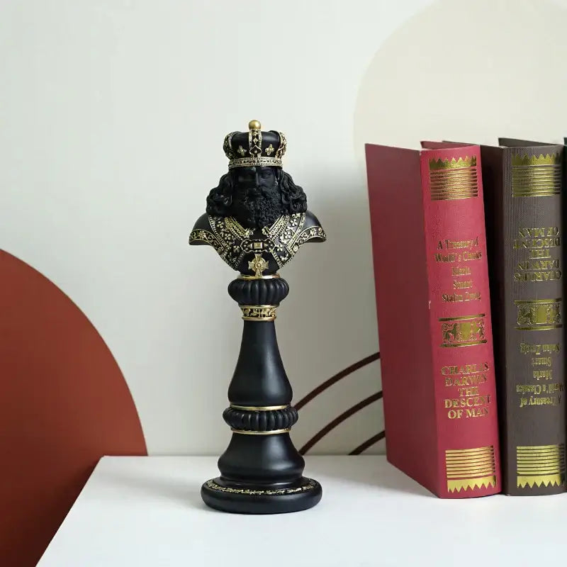 Black resin chess king bust figurine with gold crown and ornate detailing from decorbites chess figurines 30cm set