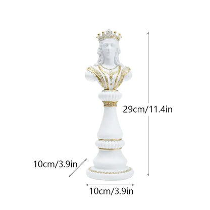 White and gold resin chess queen figurine with intricate detailing and ornate base from decorbites chess figurines set