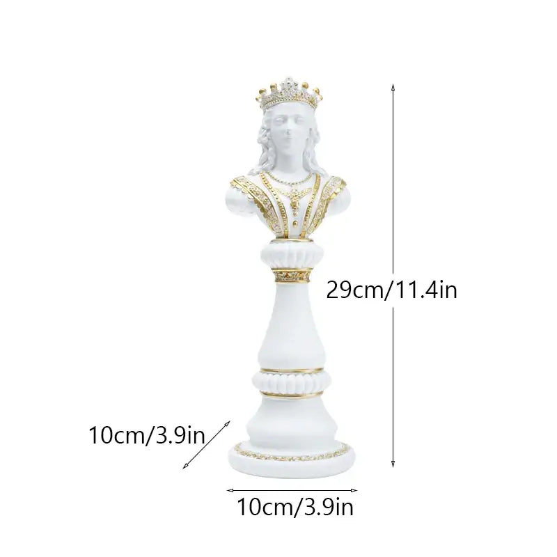 White and gold resin chess queen figurine with intricate detailing and ornate base from decorbites chess figurines set