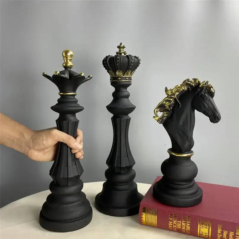Decorbites chess pieces figurines in black with gold accents featuring king queen and knight for home and office decor
