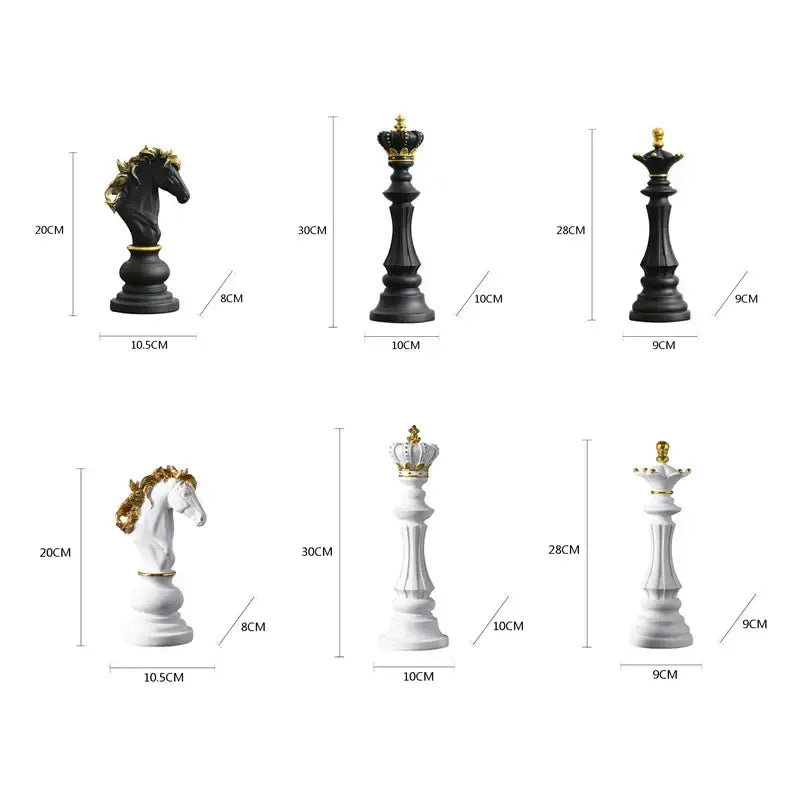 Black and white decorbites chess pieces figurines with gold accents elegant queen’s gambit decor for home and office