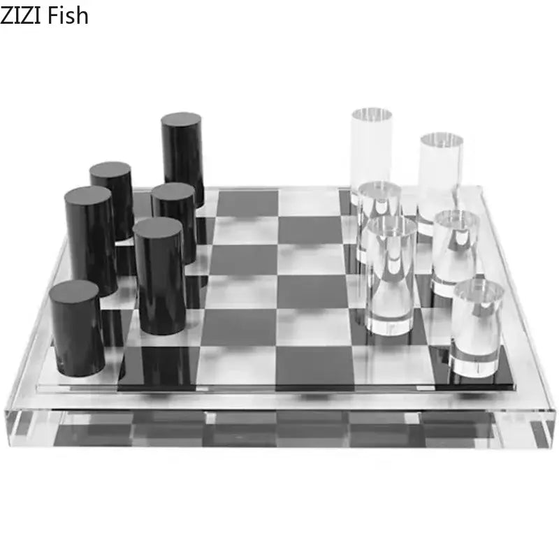 Modern acrylic DecorBites chessboard desk ornament with sleek black and transparent cylindrical pieces on reflective board