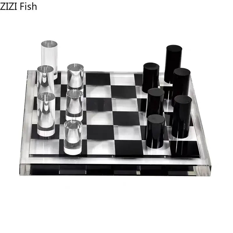 Modern acrylic DecorBites chessboard desk ornament with transparent checkered board and sleek black-and-clear pieces