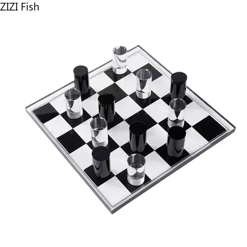 DecorBites™ chessboard desk ornament featuring black and silver acrylic glossy cylindrical pieces on checkered board