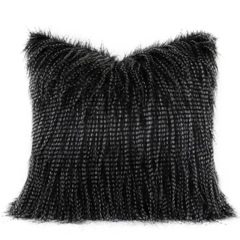 Black faux fur throw pillow case with textured shimmering surface and fluffy edges for decorbites chestnut brown wabi use